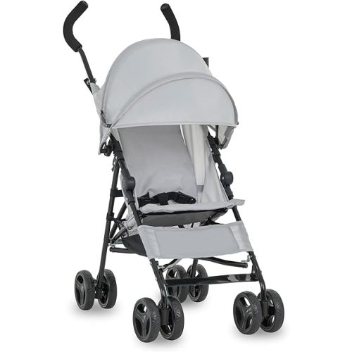 Dream On Me Rover Convenience Baby Stroller – Lightweight & Compact Travel Umbrella Stroller, Quick One-Hand Fold, Lockable Rear Wheels, Adjustable Canopy, 3-Point Safety Harness & Cup Holder – Grey