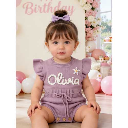 Hand Embroidered Name Baby Girl Romper,First Birthday Outfit,Purple Knit Romper,Smash Cake Dress,Embroidered One Romper,Baby Gifts for Girl