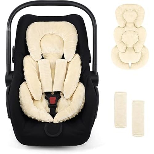 GFU Infant Car Seat Insert Head and Body Support, Reversible Newborn Insert for Carseat with Strap Pads, Soft Stroller Cushion Pillow Insert for Boys and Girls, Fits for Stroller, Swing, Beige