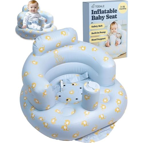 Todale Inflatable Baby Seat 3 Months & Up - Inflatable Chair with Built-in Pump, Floor Toddler Chair for Boys & Girls, Bear Blue - Baby Bouncer