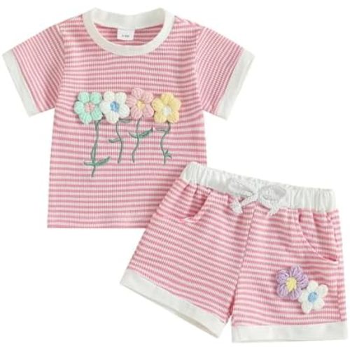 Toddler Baby Girl Outfits Floral Summer Clothes Infant Spring Waffle Short Sleeve Shirt Tops Cute Shorts Set