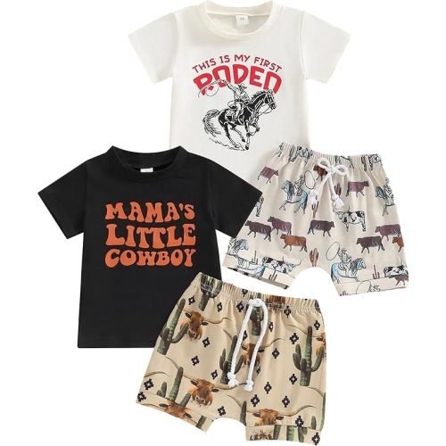 Toddler Boys Shorts Set Western Cowboy-Print Short Sleeves Tops+Elastic Pants Baby Summer Casual Outfits