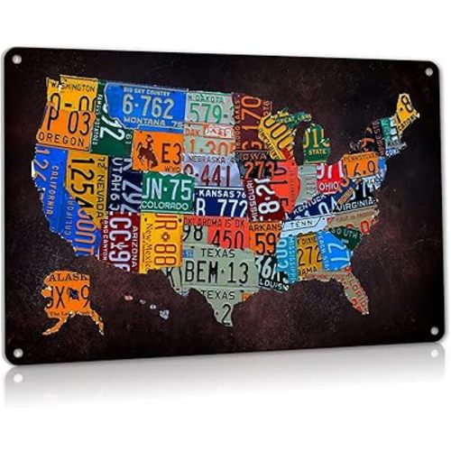Vintage Plaque Poster Garage Bar Home Wall Decor, USA Map Route 66 License Plate Metal Sign Aluminum 8x12 inches