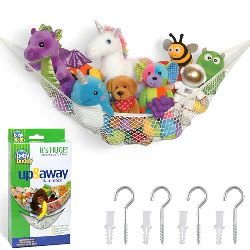 Baby Buddy Stuffed Animal Hammock Storage Net - Corner Space-Saving Toy Organizer for Nursery and Kids Bedroom Organization, Holds 25 Pounds, Easy Wall Mount, White