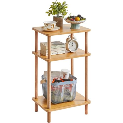 IBUYKE 3-Tier Side Table, Solid Wood Tall End Table with Storage Shelves, Nightstand Bedside Table for Living Room Bedroom Office, No-Tool Assembly, Natural UWST003N