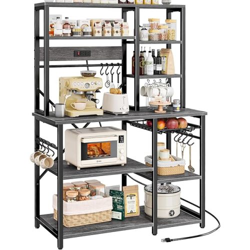 SUPERJARE Large Bakers Rack with Power Outlets, 6-Tier Microwave Stand, Coffee Bar with 12 S-Shaped Hooks, Kitchen Shelf with Wire Basket, 39.3 x 15.5 x 66.9 Inches, Charcoal Gray