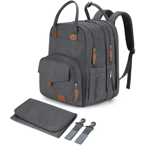 Large Diaper Bag Backpack for Two Kids Twins - Expandable Baby Bag (26-36L), Dual Big Compartments - Includes Changing Pad & Stroller Straps, Unisex Dark Grey