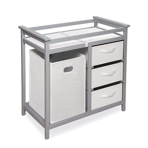 Badger Basket Modern Baby Changing Table - Nursery Furniture with Laundry Hamper and 3 Storage Drawers - Diaper Changing Station with Safety Belt, Changing Pad, and Organizer Baskets - Gray and White