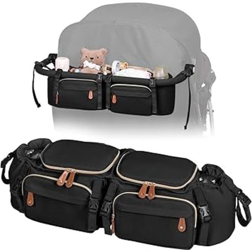 Double Stroller Organizer for Bob Duallie and Baby Jogger City Mini GT2, Double Stroller Caddy Organizers with Cup Holder and 2 Cooler Pockets Parent Console Double Stroller Accessories