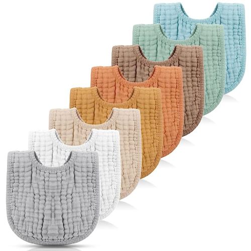 Frienda 8 Pcs Muslin Bibs Baby Cotton Bandana Drool Bibs Bulk for Boys Girls Newborn Infant 6 Absorbent Layers Bibs Feeding Accessory(Pastel Colors)