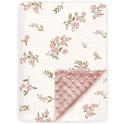 BOPRIO Baby Blankets for Unisex Boys Girls Super Soft Nursery Minky Blankets with Breathable Muslin Cotton Front and 3D Touch Dotted Fleece Backing, Floral Printed Bed Throws Newborn 30 x 40 Inch