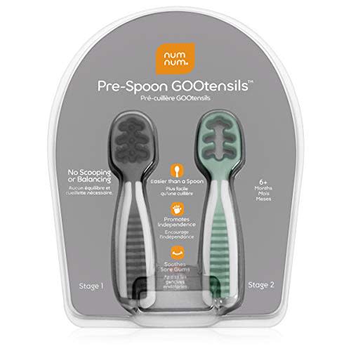 NumNum Pre-Spoon GOOtensils | Baby Spoon Set (Stage One + Stage Two) | BPA Free Silicone Self Feeding Utensil | #1 Doctor Recommended Baby Led Weaning Spoon for Kids Ages 6 Months+ (Gray/Green)