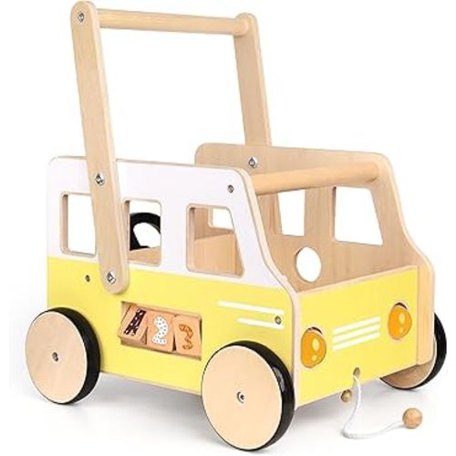 Wooden Baby Push Walker – Montessori Walker & Activity Push Toy with Steering Wheel + Rotating Headlights | Balance Trainer for Toddlers 1‑3 Years