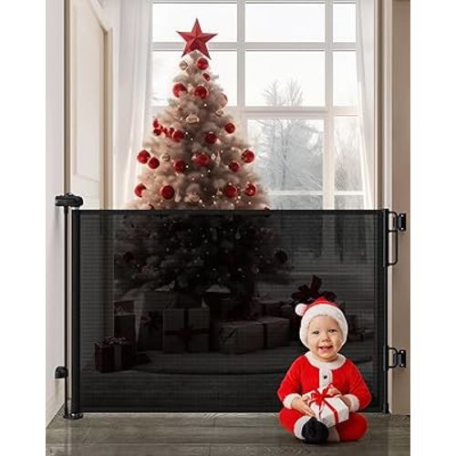 Cumbor Retractable Baby Gates for Stairs, Extends up to 55" Wide Mesh Dog Gate for The House, 34" Tall Safety Child Gates for Doorways Hallways,Pet Gate Indoor & Outdoor,2 Set of Accessories, Black