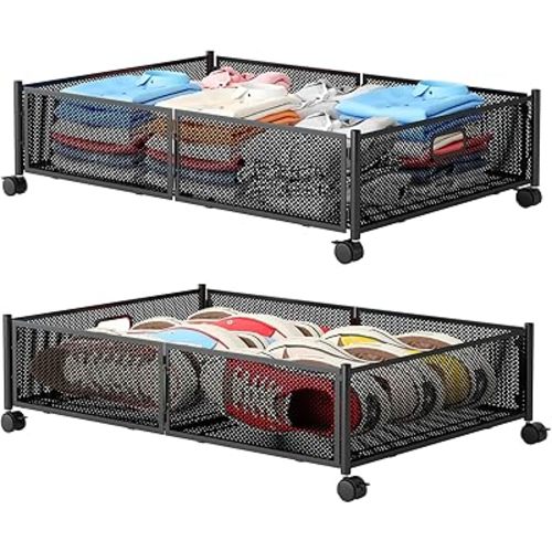 Under Bed Storage with Wheels, Foldable Metal Mesh Underbed Storage Container Bins, Tool-free Assembly Clothes Drawer Organizer,2Pack