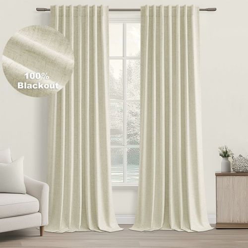 Topfinel Cream 100% Blackout Curtains 96 Inch Length 2 Panels Set, Flax Linen Room Darkening Soundproof Curtains for Bedroom Living Room