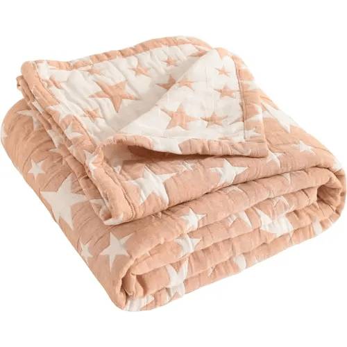 NTBAY 3 Layer Toddler Blanket, Muslin Cotton Jacquard Bed Blankets, Lightweight Thermal Baby Blanket, Super Soft and Warm Crib Blanket for All Seasons, Decoration Gift, 30"x40", Pale Orange Star