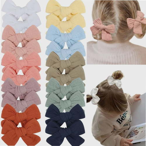 20PCS Baby Bows Baby Girl Hair Clips Muslin Gauze Long Bows Fully Lined Hair Accessories Bows for Girls Baby Infant Toddlers Kids in Pairs- 10 Colors