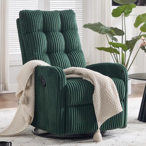 Nursery Rocking Swivel Glider Recliner with Adjustable Backrest | Corduroy Rocking Recliner Chair, Footrest, 360° Swivel, Side Pocket, Detachable High Backrest, Armrests,Tufted Design,Green