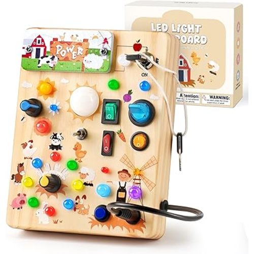LED Busy Board for Toddlers 1-3,Montessori Sensory Toy with Key Switch and Plug, Light Up Wood Activity Switch Board for Fine Motor Skills, Educational Travel Toy Gift for 1 2 3 Year Old Boys Girls