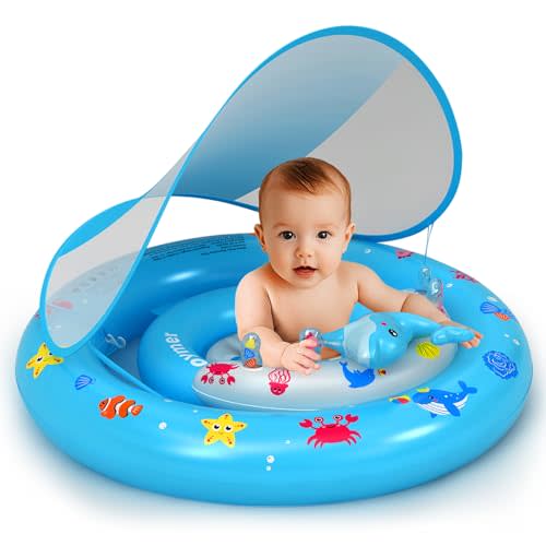 Oukitoymer Baby Pool Float with UPF50+ Sun Protection Canopy, Inflatable Swim Floatie with Animal Toy Play Console and Hand Air Pump, No Flip Over Swimming Floaty for Infants & Toddlers 6-36 Months