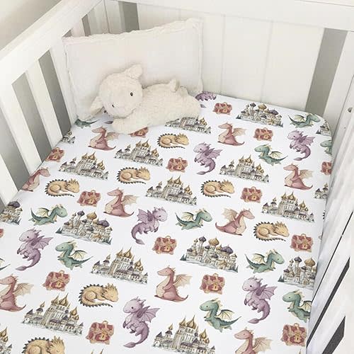 Fairytale Dragons Baby Crib Sheets for Boy Girl Fantasy Dragon Castle Treasures Soft Snug Fitted Crib Mattress Covers for 52''x28'' Standard Crib & Toddler Mattress Magical Animal Bed Sheets