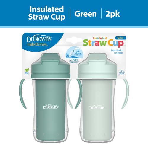 Dr. Brown's Milestones Insulated Sippy Cup with Straw and Handles, Green, 10oz, 12m+, 2-Pack