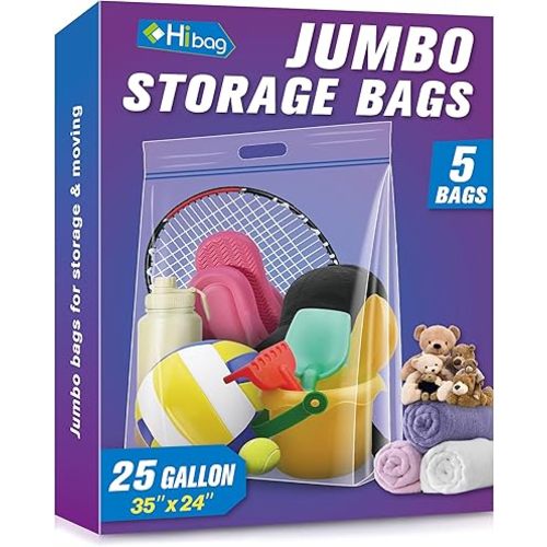 HIBAG 25 Gallon Jumbo Storage Bags, 35” x 24” Resealable Clear Bags with Handle, Extra Large XL Heavy Duty for Clothes Pillow Travel Moving, Pack of 5