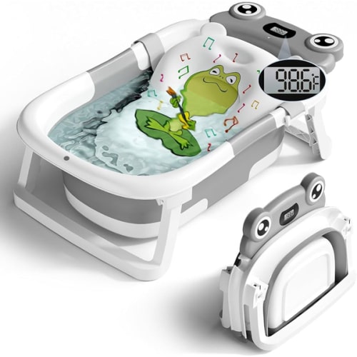 Baby Bathtub, Collapsible Newborn Bathtub for Infant to Toddler 0-24 Months with Soft Cushion and Thermometer,Portable Travel Newborn Tub with No-Slip Feet, Baby Shower Gifts,Grey