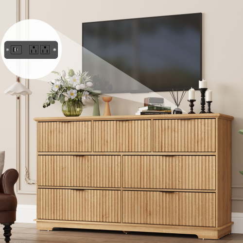 ChVans Farmhouse 7 Drawers Dresser with Power Outlets, 55'' Wide Wood Chest of Drawers w/Fluted Texture, Deep Drawer Dresser Storage Organizer for Bedroom, Living Room, Entryway, Hallway, Oak