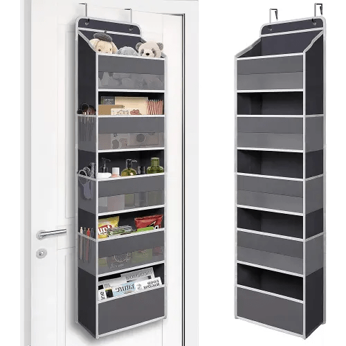 Over Door Organizer with 5 Large Pockets, Heavy Duty Hanging Organizer Storage, Closet Bathroom Nursery Bedroom Dorm, Toys Cosmetics Sundries and Baby Essentials, Gray
