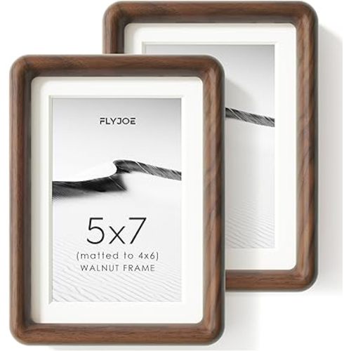 FLYJOE 5x7 Picture Frame Set of 2, Natural Solid Walnut Wood Photo Frame with Tempered Glass, Handcrafted Rounded Corner 5 x 7 Wooden Frame Matted to 4x6 Photo, Wall or Tabletop Display