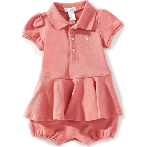 Ralph Lauren Baby Girls Puffed Sleeve Peplum Stretch Mesh Romper