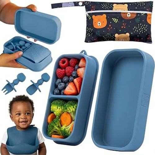 Travel Silicone Baby Feeding Essentials – Portable Toddler Plates with Suction, Soft Baby Spoon & Fork, Lightweight Foldable Silicone Bib & Waterproof Storage Bag – 6 Piece Set (dark blue)