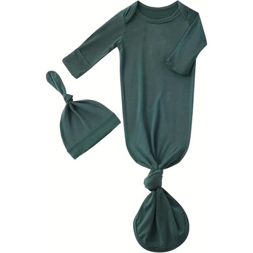 Bow Dream Rayon Bamboo Newborn Baby Boys Knotted Gown Sleeper Solid Color Jumpsuit with Matching Bonnet