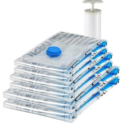 Amazon Basics Vacuum Storage Bags for Clothing, Multiple Sizes Compression Zipper Bags with Hand Pump for Space Saving and Travel, 6-Pack (2 Medium, 2 Large, 2 Jumbo), Transparent