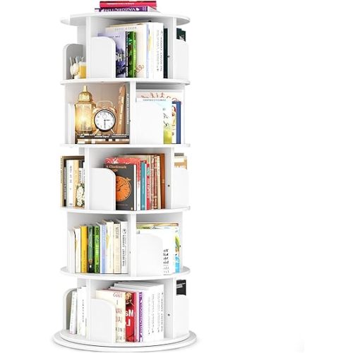 Rotating Bookshelf Tower, 5 Tier Spinning Bookcase, Revolving 360 Book Shelf Narrow Tall Bookcase, Vertical Turning Round Bookshelf Organizer, Wood Corner Book Shelf for Small Space, White