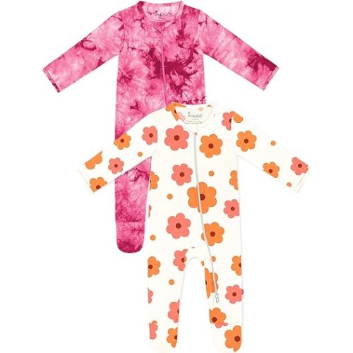 Jimonda Baby Girls Boys Footed Pajamas,Rayon From Bamboo,2 Way Zipper Long Sleeve Soft Sleeper Pjs,Infant Tie-dye Romper