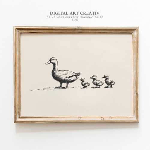 Vintage Duck Sketch | Baby Animal Nursery Art | Vintage Goose & Ducklings Art | Farmhouse Baby Ducks Print | Vintage Geese and Duck Drawing
