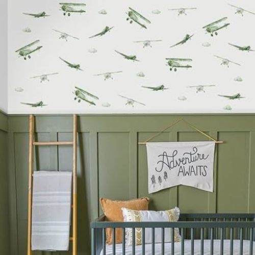 Boy Vintage Planes Wall Decals Peel and Stick, Watercolor Green Airplane and Clouds Wall Sticker for Baby Boys Room Kids Room Playroom Gender Neutral Room Nursery Wall Art Stickers Decor
