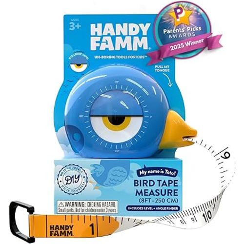 Handy Famm 8ft Blue Bird Tape Measure for Kids – STEM Educational Tool with Level, Protractor, Retractable Design - DIY Construction Toy, Child-Safe Measuring Tapes, Gift for Boys & Girls 3+