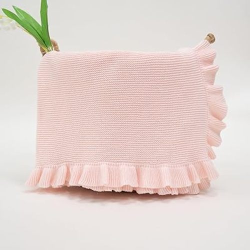 Ruffle Knit Blanket for Baby - 100% Luxury Soft Cotton Knit Warm Cozy Cuddle Stroller Crib Blanket for Newborns, Infants, & Toddlers (Pink)