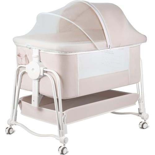 Pioncrey 4-in-1 Baby Bassinet & Bedside Sleeper for Babies, 7-Level Height Adjustable, Wheels with Storage Basket, Breathable Mesh,White