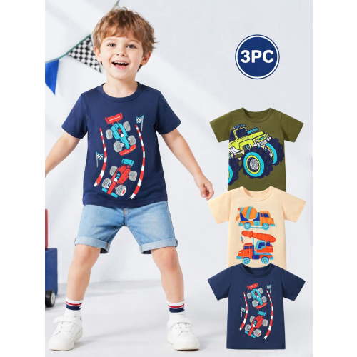 HILEELANG 2-7T Toddler Little Boys 3-Pack T-Shirts Truck Car Construction Vehicle Graphic 100% Cotton Short Sleeve Summer Tees Blue Green Yellow 2T 3T 4T 5T 6T 7T