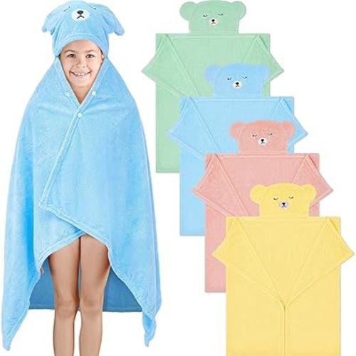 Xtinmee Toddler Bath Towels Hooded for Kid 0-5 Yrs 28 x 47 Inch Absorbent Kids Hooded Towel with Bear Ears Large Baby Infant Towels Bathrobe Blanket(Soft Color,4 Pcs)