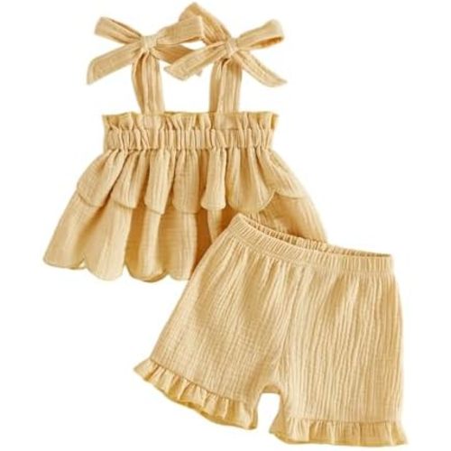 BeQeuewll Toddler Baby Girl Clothes Summer Linen Outfit Sleeveless Tie Up Tank Tops+Ruffled Shorts Little Girls 2 Pieces