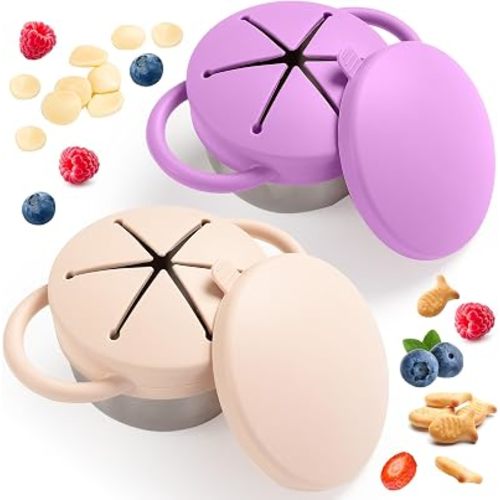 Bufilea 2 Pack Snack Containers for Toddlers, Stainless Steel Toddler Snack Cups with Silicone Food Catcher & Lids,Snack Cups for toddlers Spill Proof