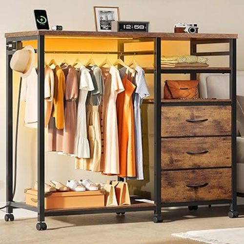 WLIVE LED Dresser for Bedroom, 3 Drawers with Hanging Rack, Rustic Brown