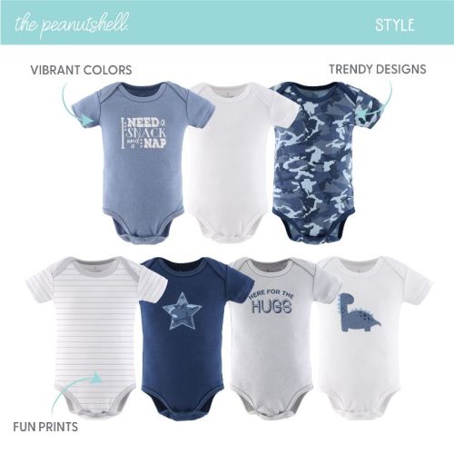 The Peanutshell Short Sleeve Baby Bodysuits for Boys, Blue Camo, 7-Pack, Newborn to 24 Months