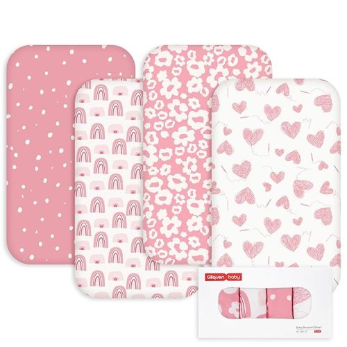 Gllquen Baby Bedside Sleeper Sheets 33x20 Inch 4 Pack - Fitted Crib Mattress Covers, Ultra Soft Oeko-TEX Certified Bassinet Sheets for Girls Boys, Gift Ready Box for Baby Shower (Chosen in Pink)